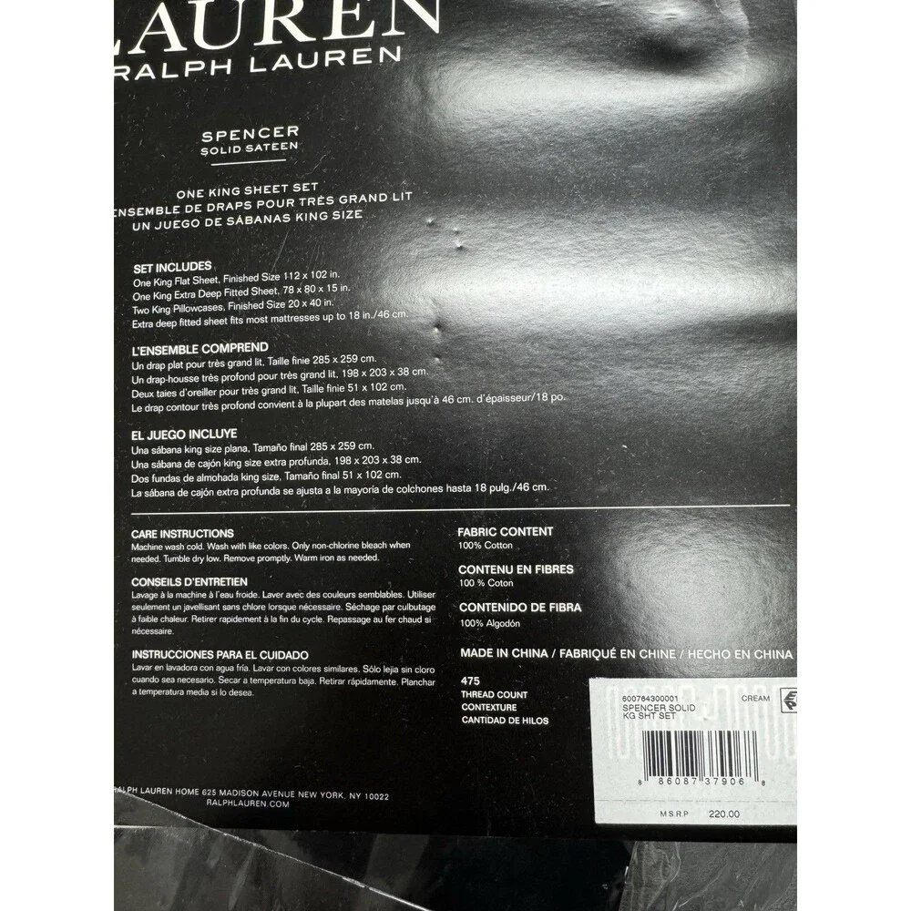Lauren Ralph Lauren 475TC Spencer Sateen Cotton King Sheet Set , Cream